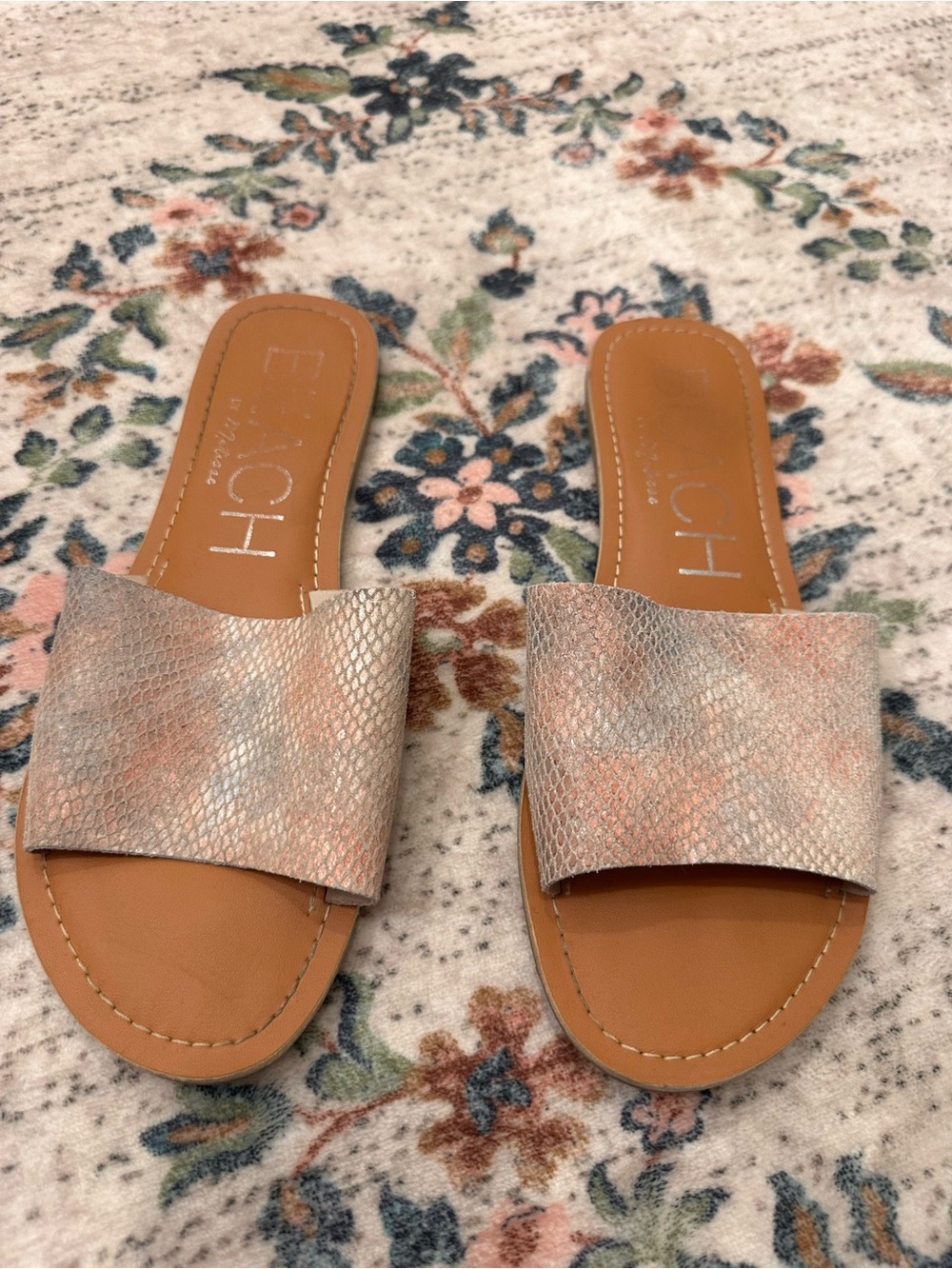 Beach Slide Sandals with Metallic Snake-Print Upper - Rose Gold-Tan